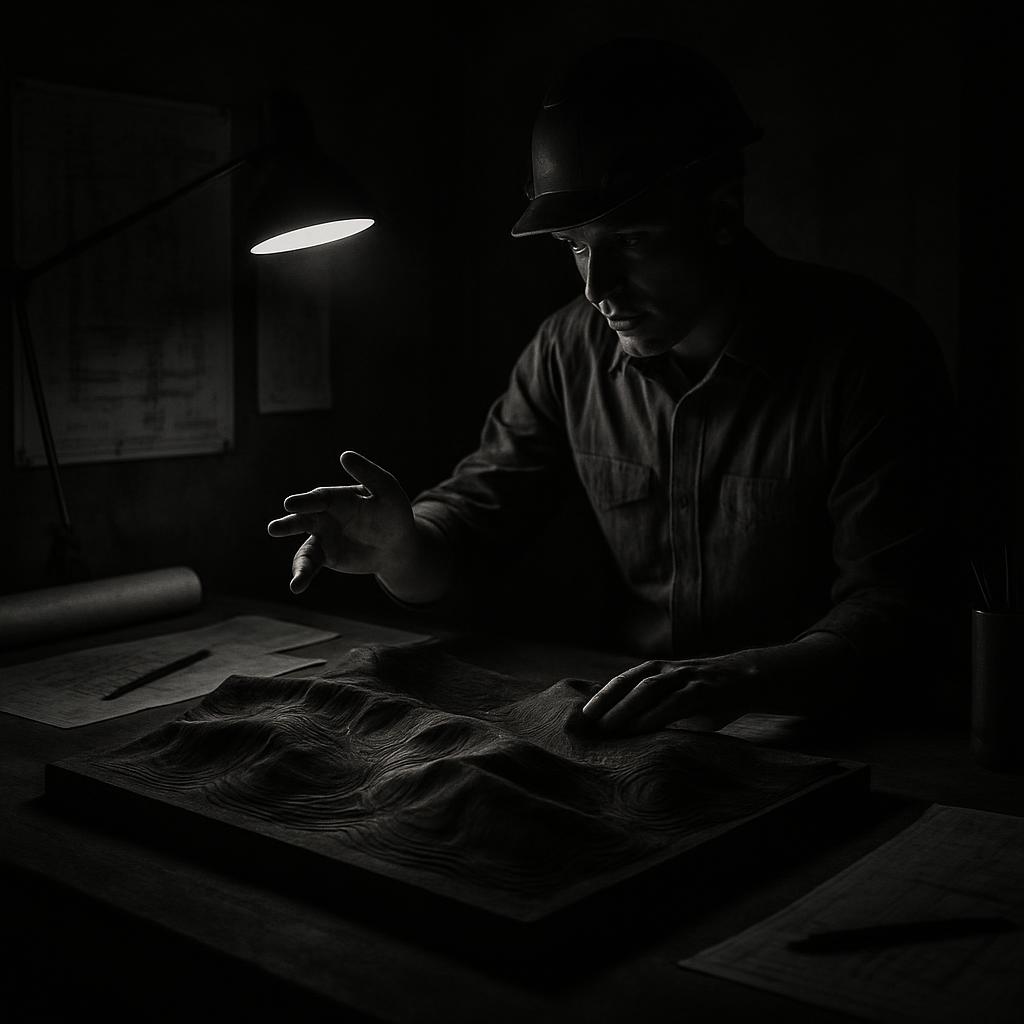 Man in a darkened room, using a desk light to illuminate a piece of paper, possibly examining a topographical map or terra...